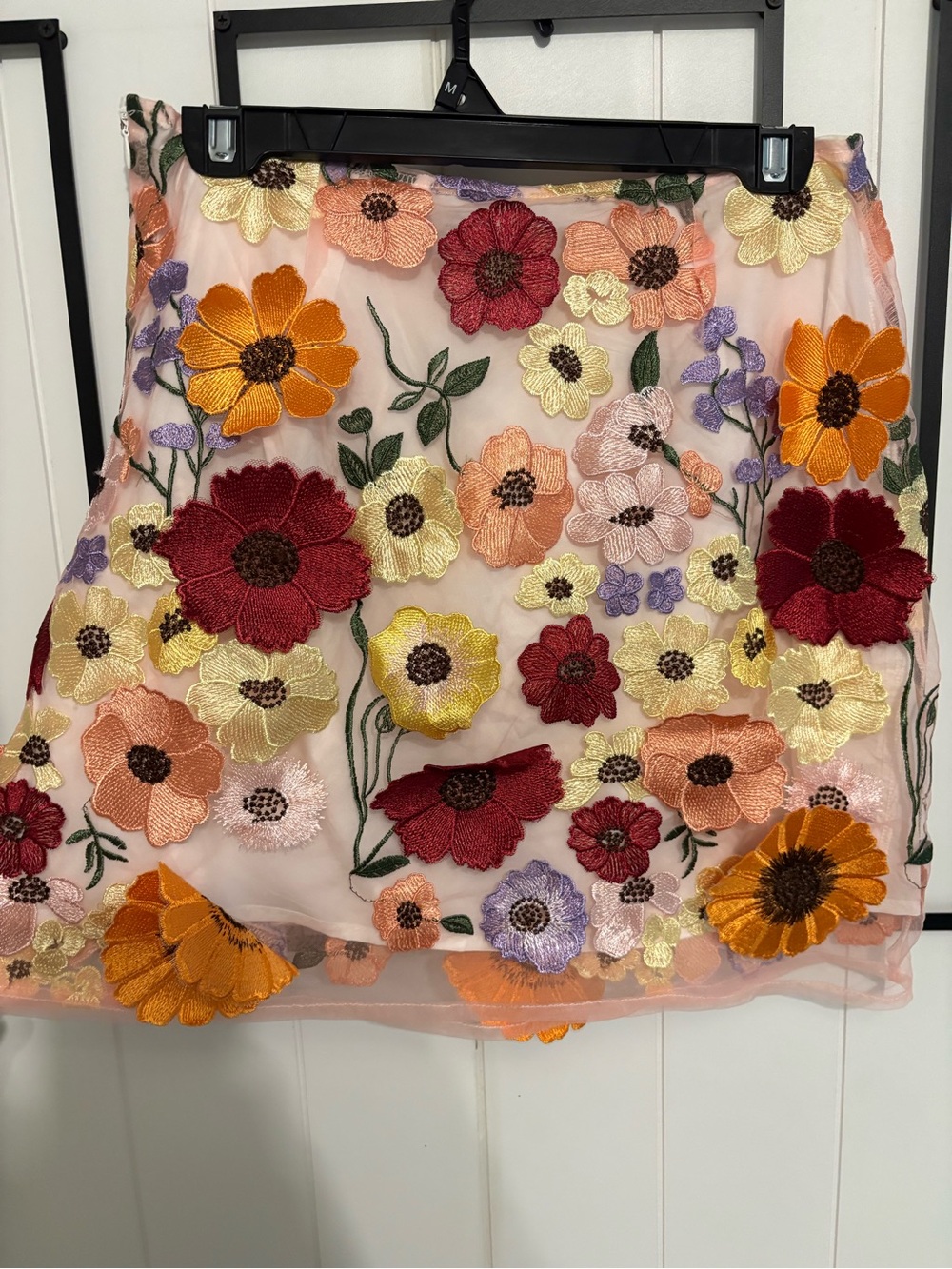 Finesse Pink Mini Skirt with Multicolor Floral Appliqué